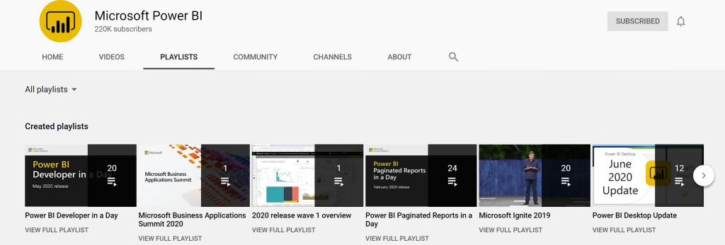 Các playlist trên kênh YouTube của Microsoft Power BI