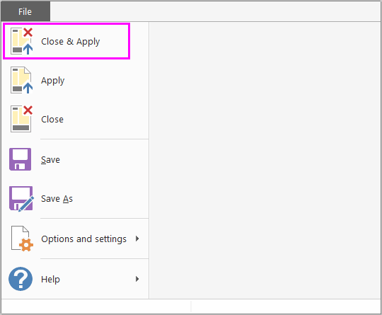 Screenshot of Power B I Desktop showing Close and Apply option under File tab.