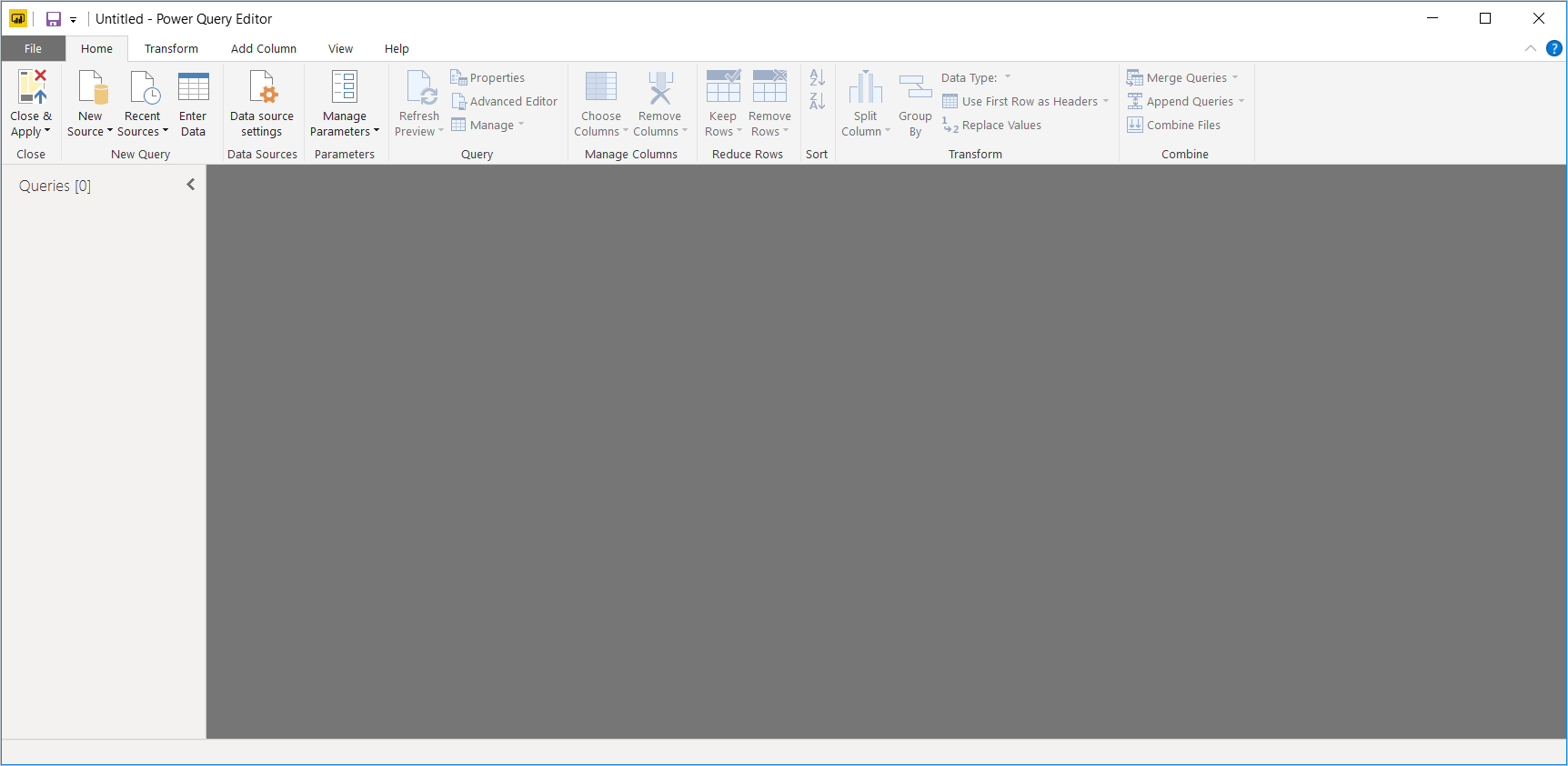 Screenshot of Power B I Desktop showing Power Query Editor with no data connections.