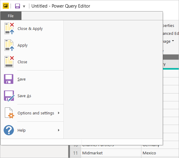 Screenshot of Power B I Desktop showing Power Query Editor File tab.