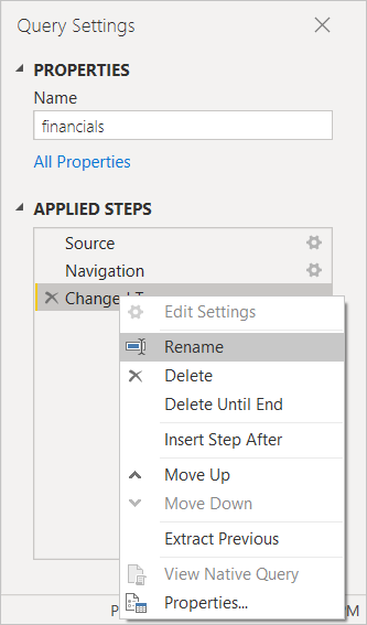 Screenshot of Power B I Desktop showing Query Settings Properties and Applied Steps filters.