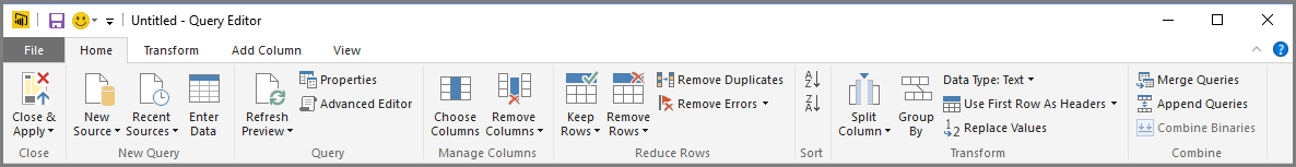 Screenshot of Power B I Desktop showing the Power Query Editor query ribbon.