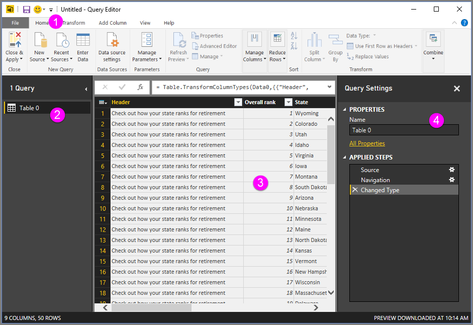 Screenshot of Power B I Desktop showing the Query Settings pane in Power Query Editor.
